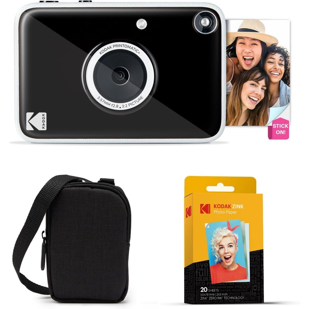 Kodak Printomatic+ Instant Print Digital Camera Starter Bundle + Carrying Case + Zink 20pk Sticky-Back Photo Paper - 10MP, Full-Color Photos, RGB LED Status Indicator